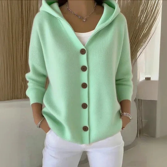 Solid Color Button Knit Hooded Sweater