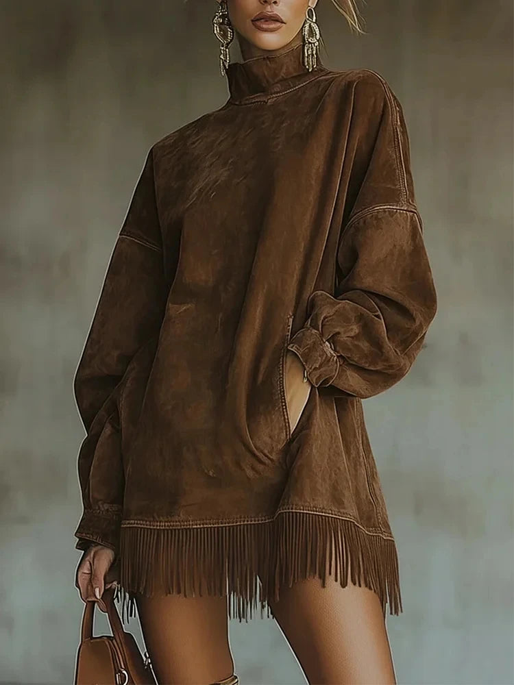 Fashion Retro Suede Tassel Mini Dress