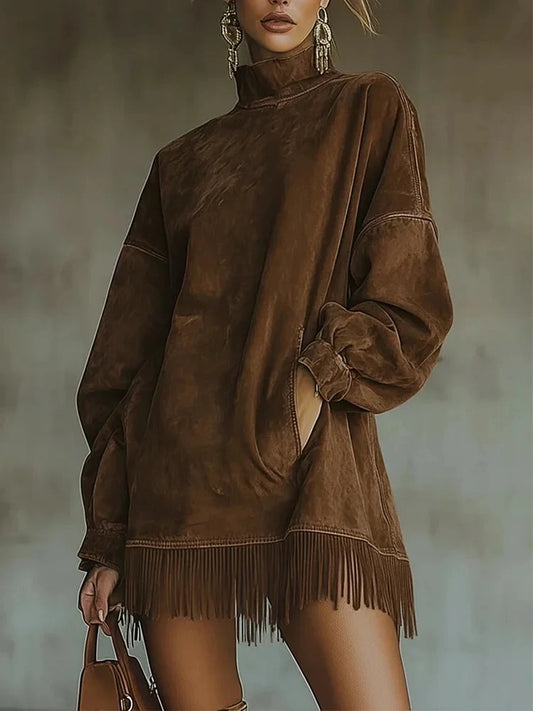 Fashion Retro Suede Tassel Mini Dress