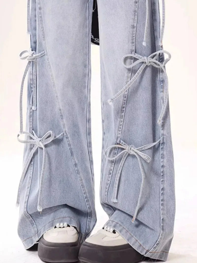 Jeans Women Vintage Bow Design Baggy Wide Leg
