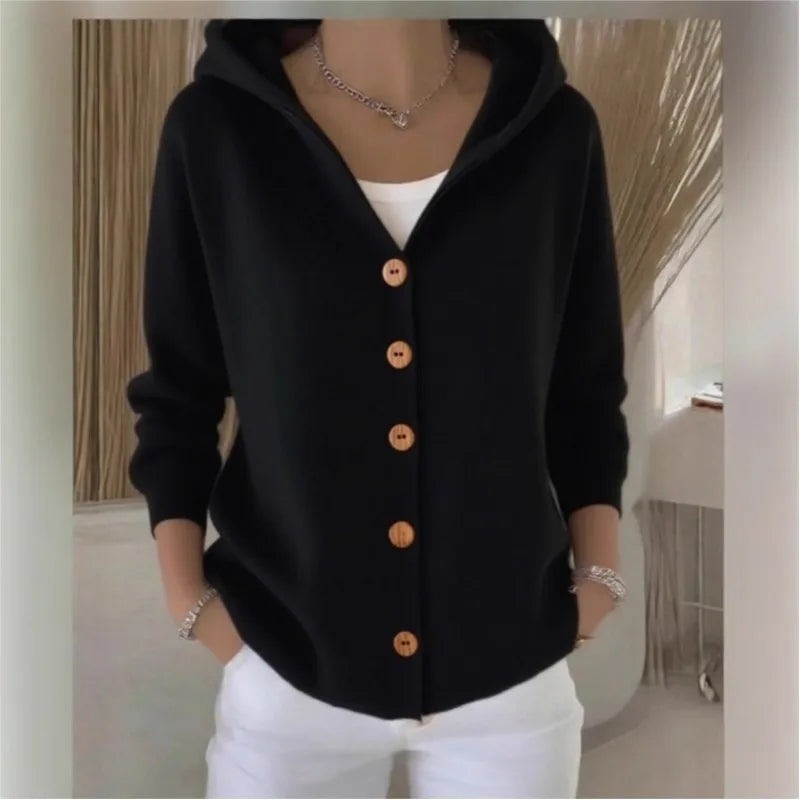 Solid Color Button Knit Hooded Sweater