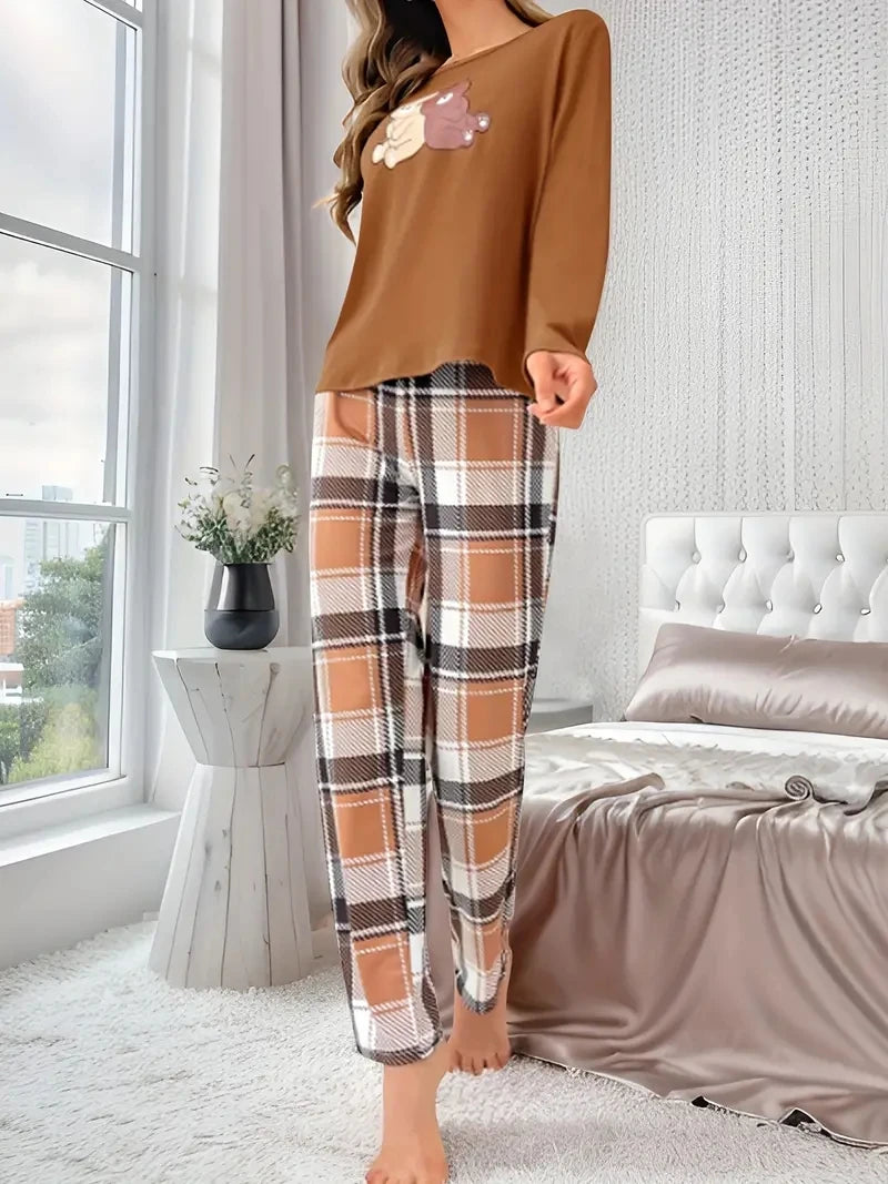 Women Pajamas Set Bear Print Top Long Sleeve Round Neck Plaid Pants