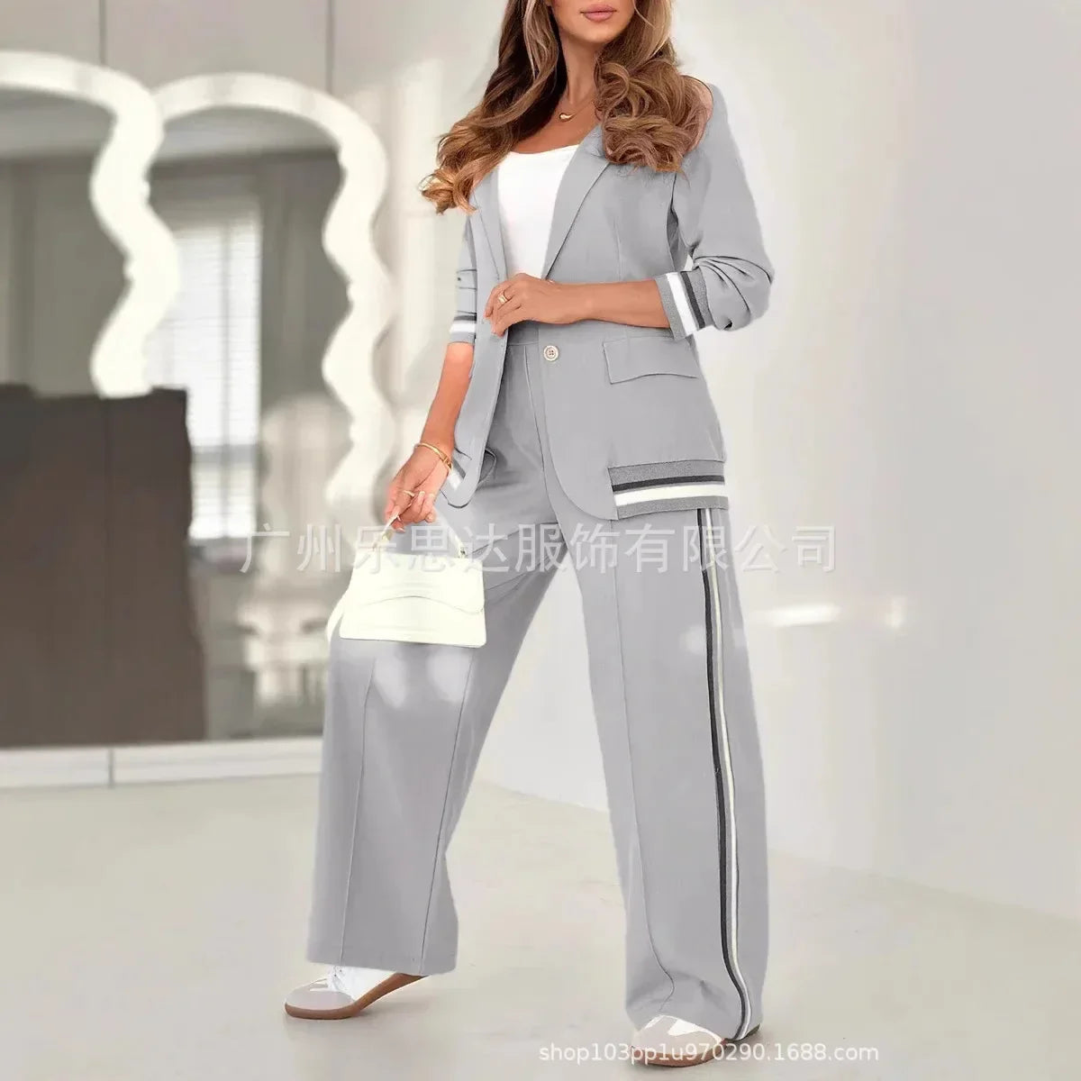 Women Suit Jacket 2 Piece Sets Striped