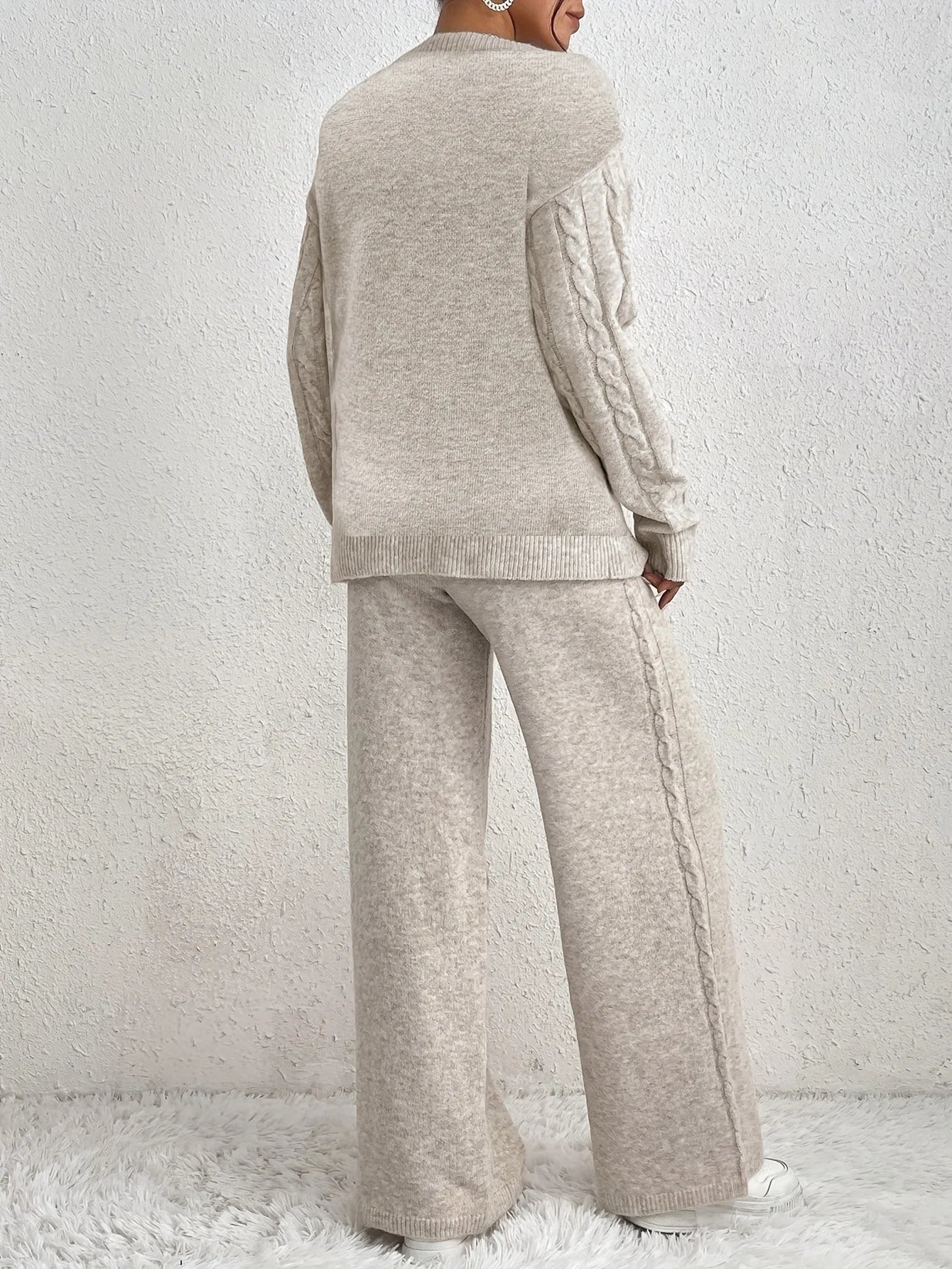 Solid Color V-Neck Long Sleeve Sweater Set