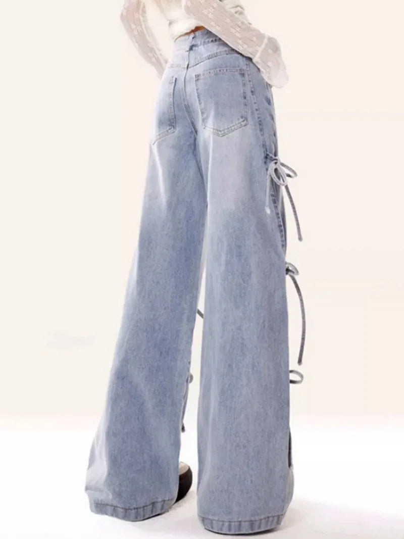 Jeans Women Vintage Bow Design Baggy Wide Leg