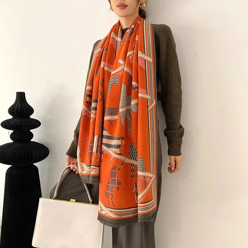 Cashmere Scarf Women Luxury Horse Print