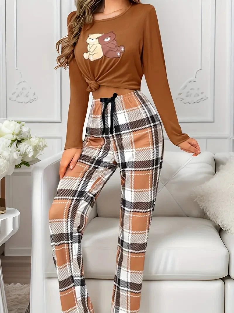 Women Pajamas Set Bear Print Top Long Sleeve Round Neck Plaid Pants