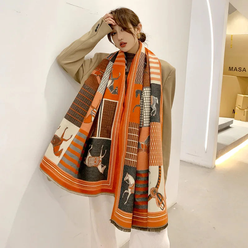 Cashmere Scarf Women Luxury Horse Print