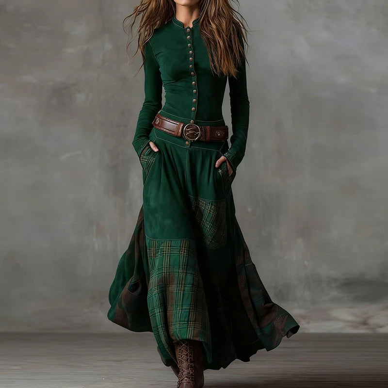 Patchwork Stand-Collar Maxi dress