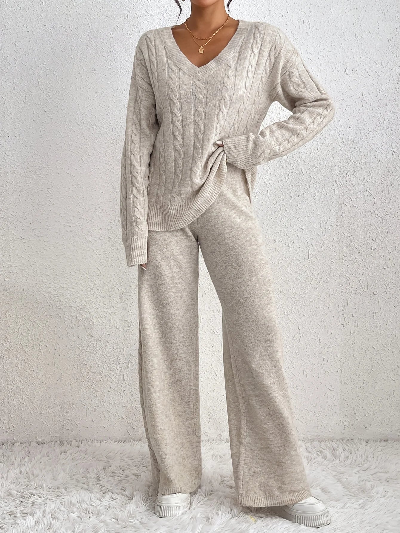 Solid Color V-Neck Long Sleeve Sweater Set