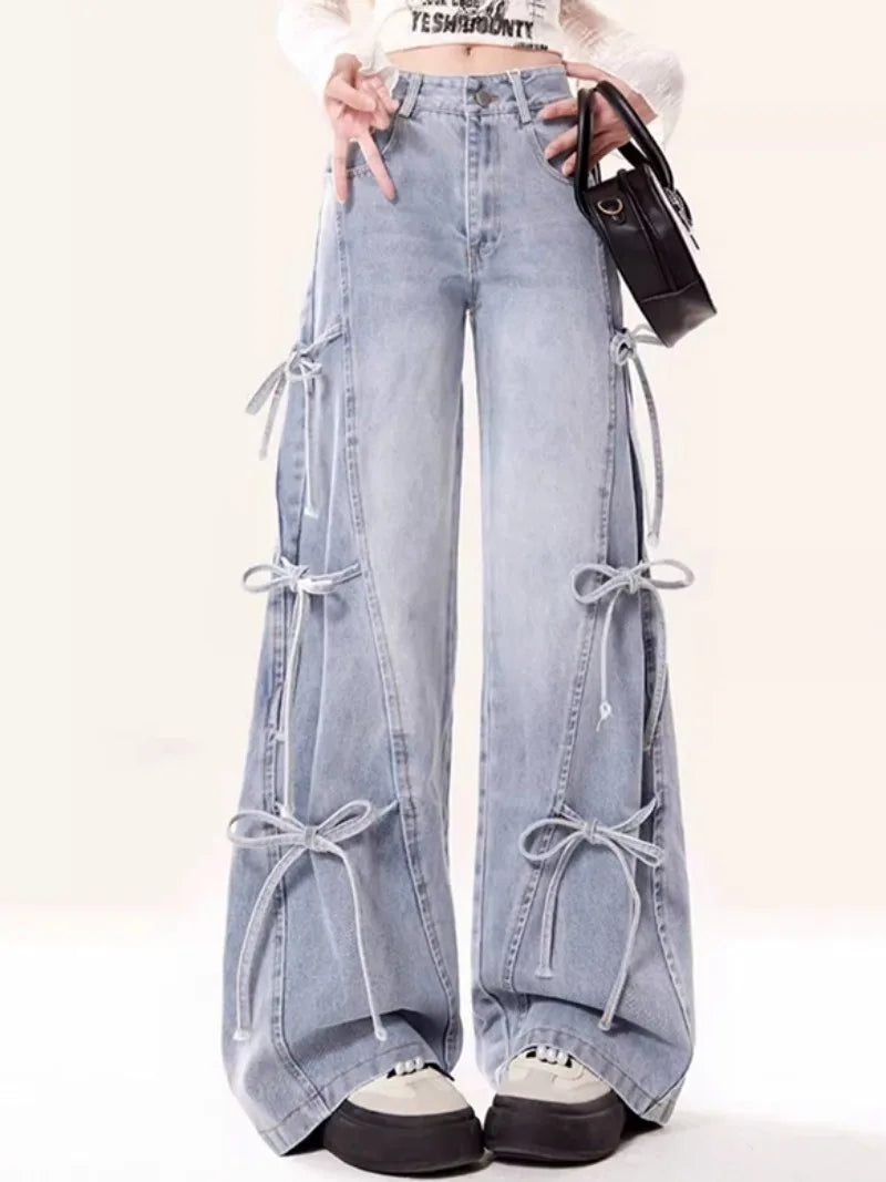Jeans Women Vintage Bow Design Baggy Wide Leg