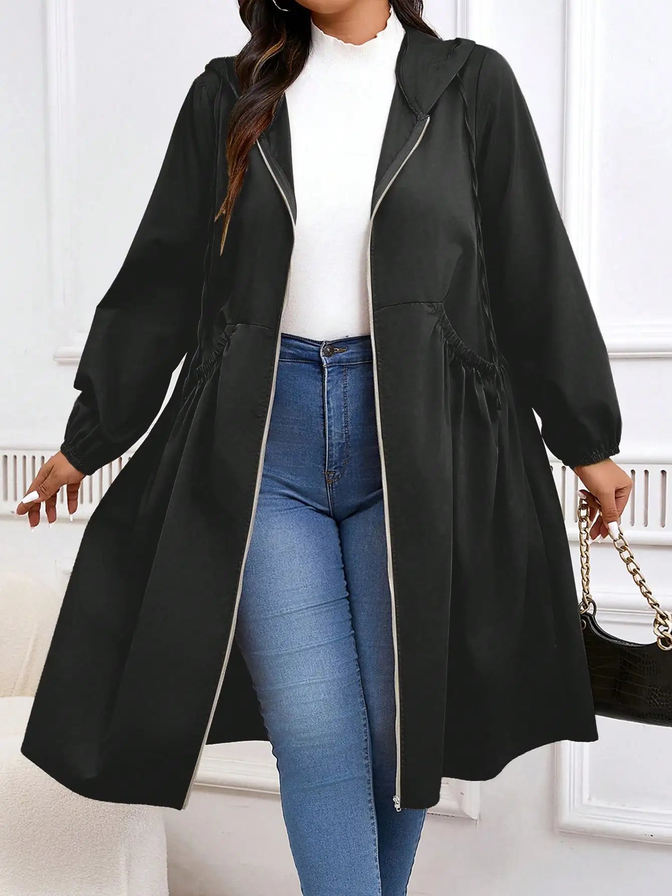 Plus Size Solid Drawstring Zip Up Hooded Coat