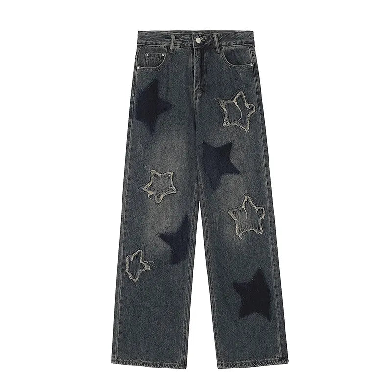 Vintage Star Embroidery Casual Denim Trousers