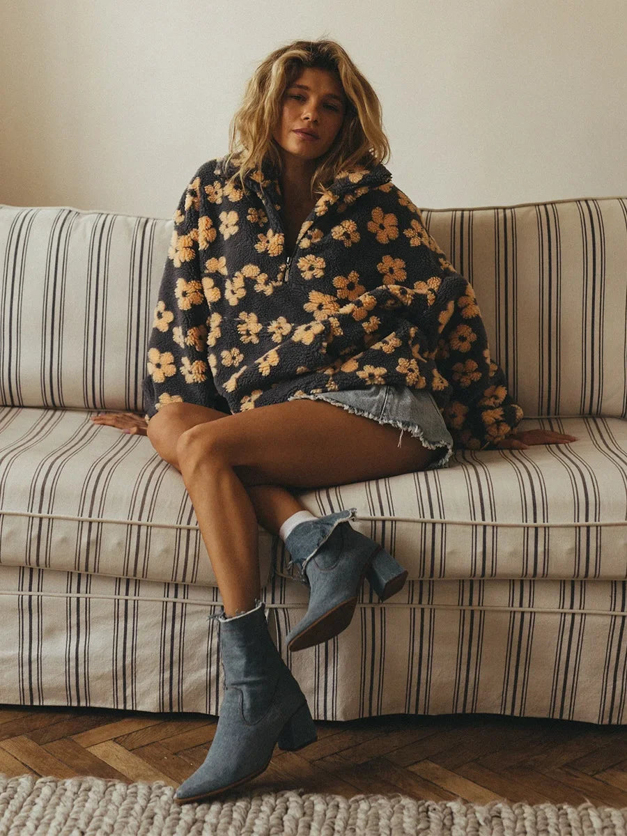 Polar Fleece Flower Blossoms Sweater Collar Zipper Top