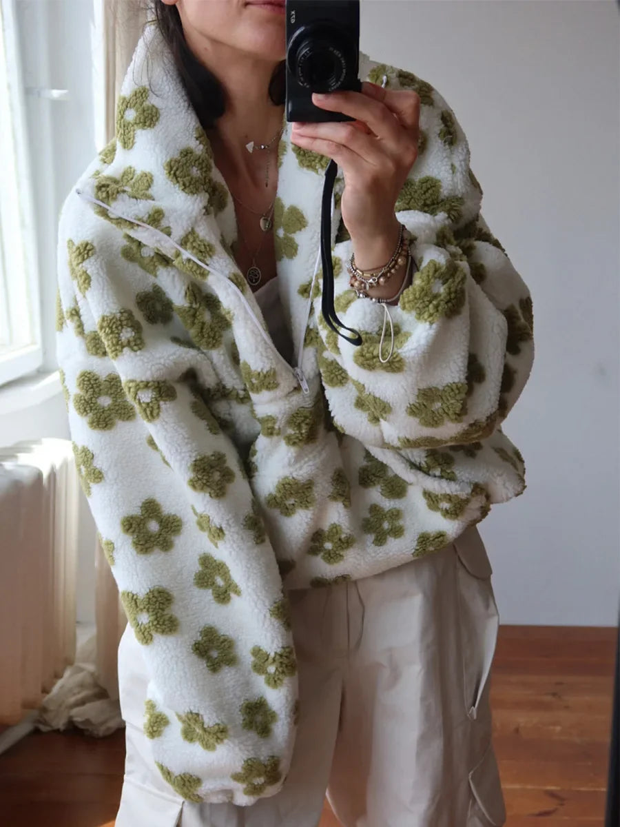Polar Fleece Flower Blossoms Sweater Collar Zipper Top