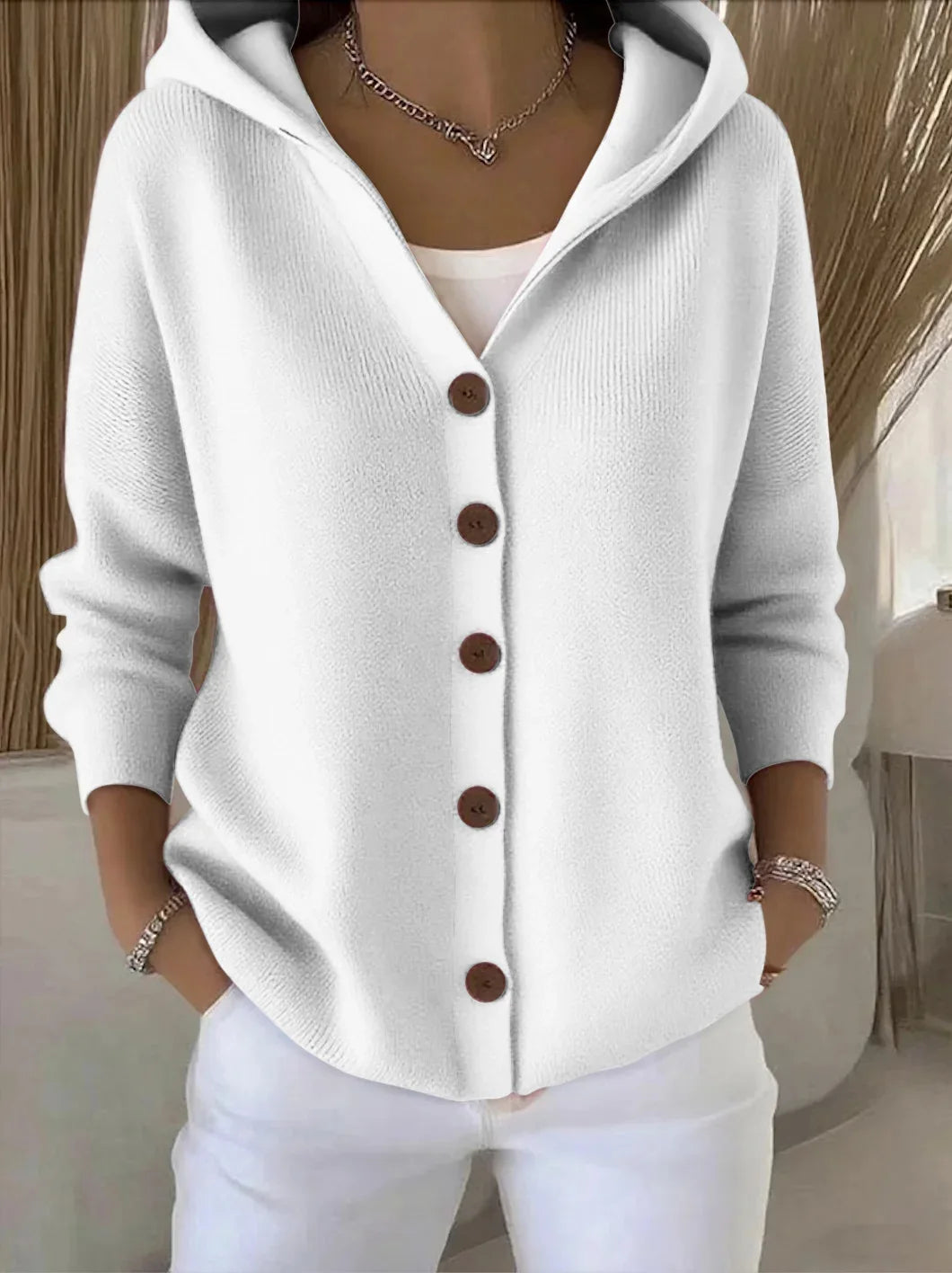 Solid Color Button Knit Hooded Sweater