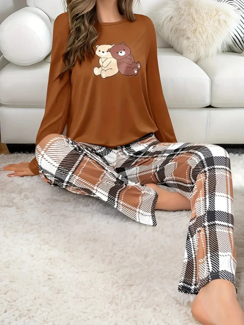 Women Pajamas Set Bear Print Top Long Sleeve Round Neck Plaid Pants