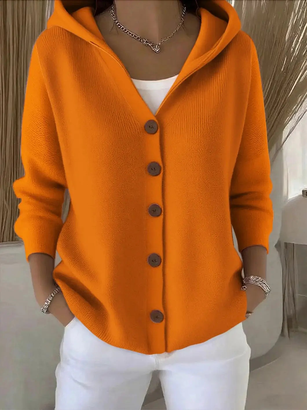 Solid Color Button Knit Hooded Sweater