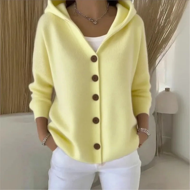 Solid Color Button Knit Hooded Sweater