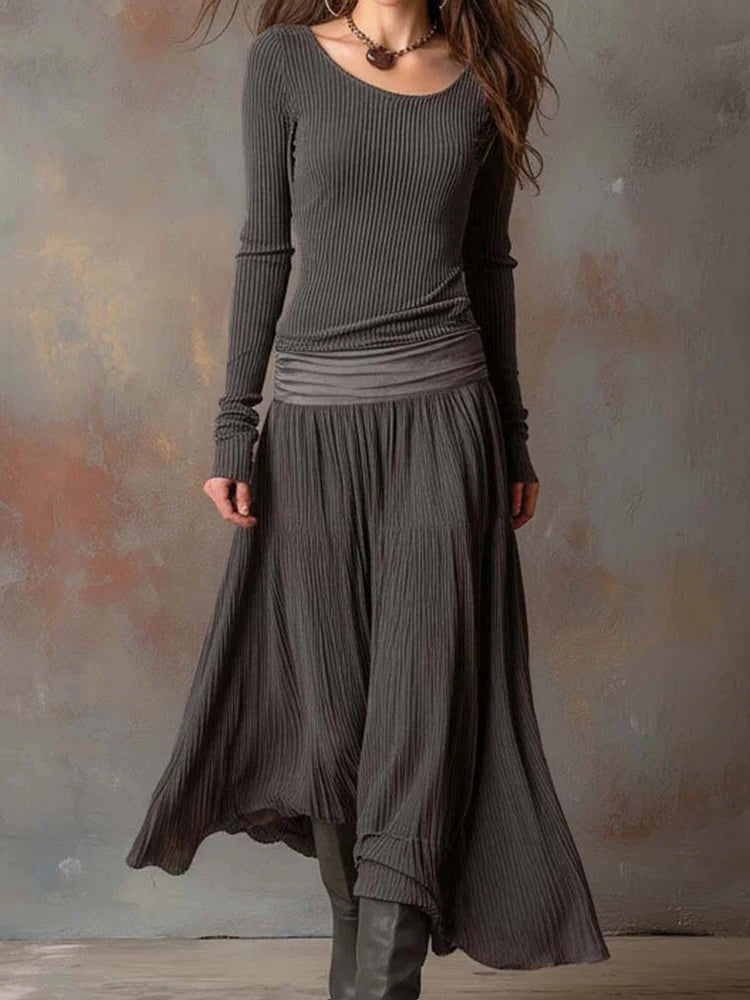 Patchwork Long Sleeve Maxi Dress