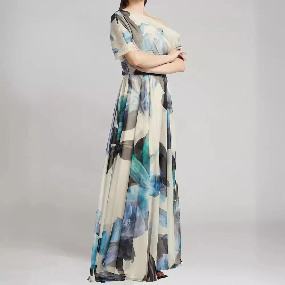 Lace Up Short Sleeve Printed Slim Fit Maxi Dress
