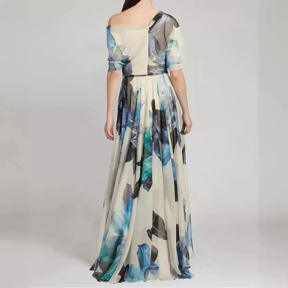 Lace Up Short Sleeve Printed Slim Fit Maxi Dress