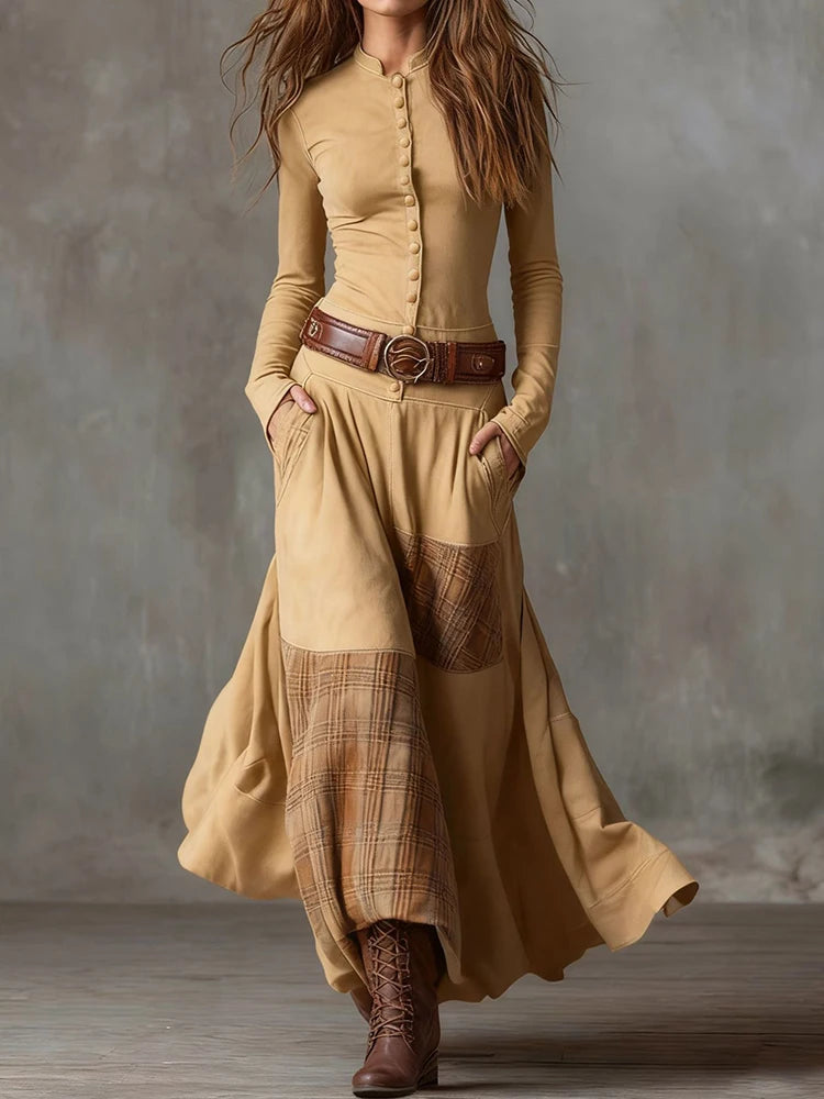 Patchwork Stand-Collar Maxi dress