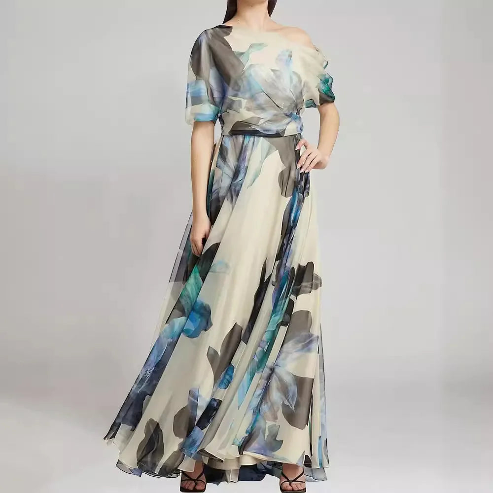 Lace Up Short Sleeve Printed Slim Fit Maxi Dress