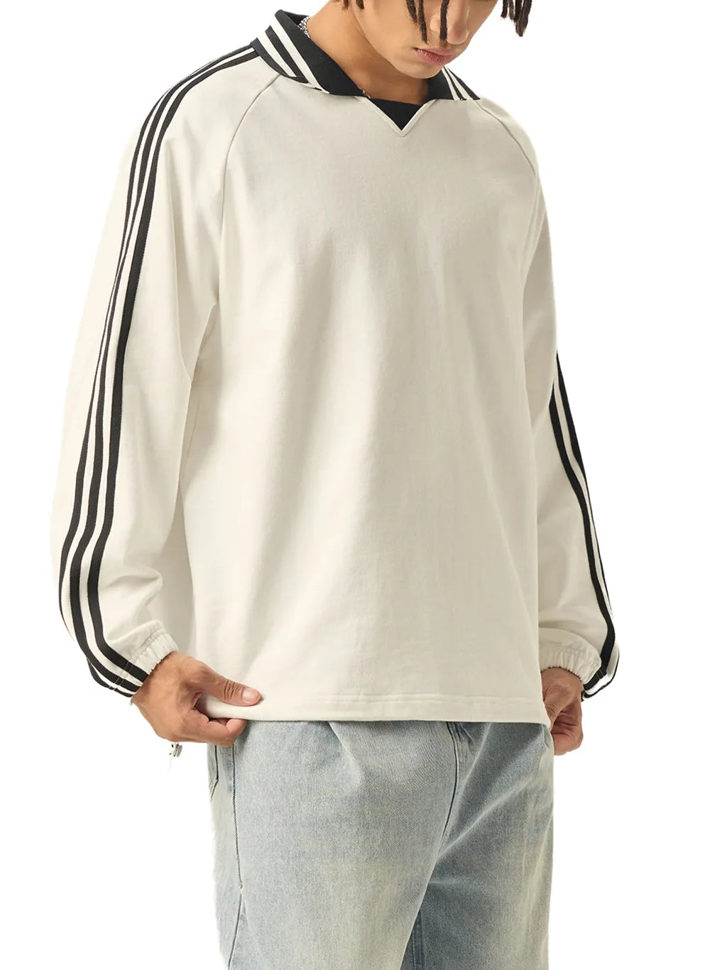 Contrast Striped Lapel Collar Sweatshirt