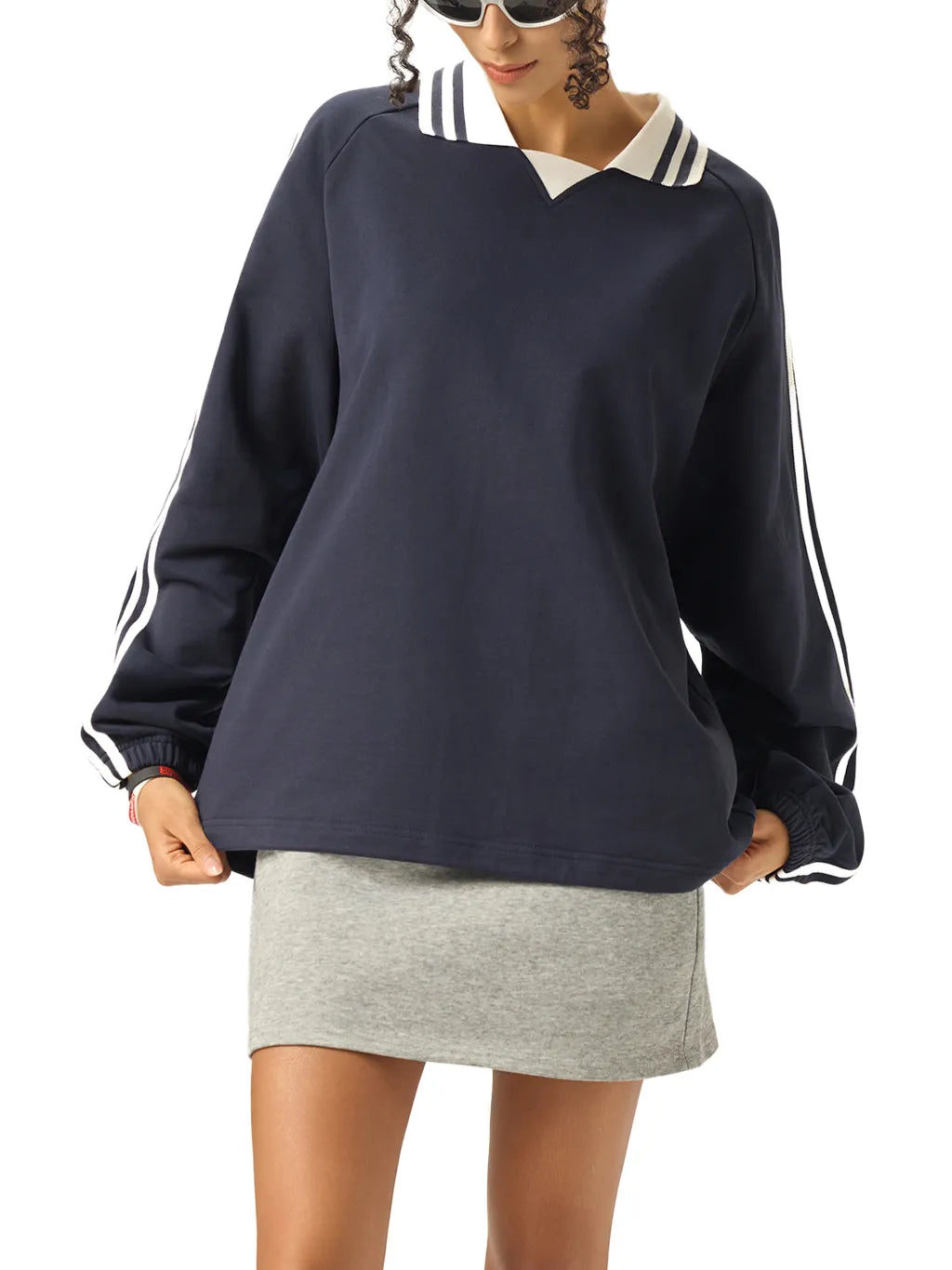 Contrast Striped Lapel Collar Sweatshirt