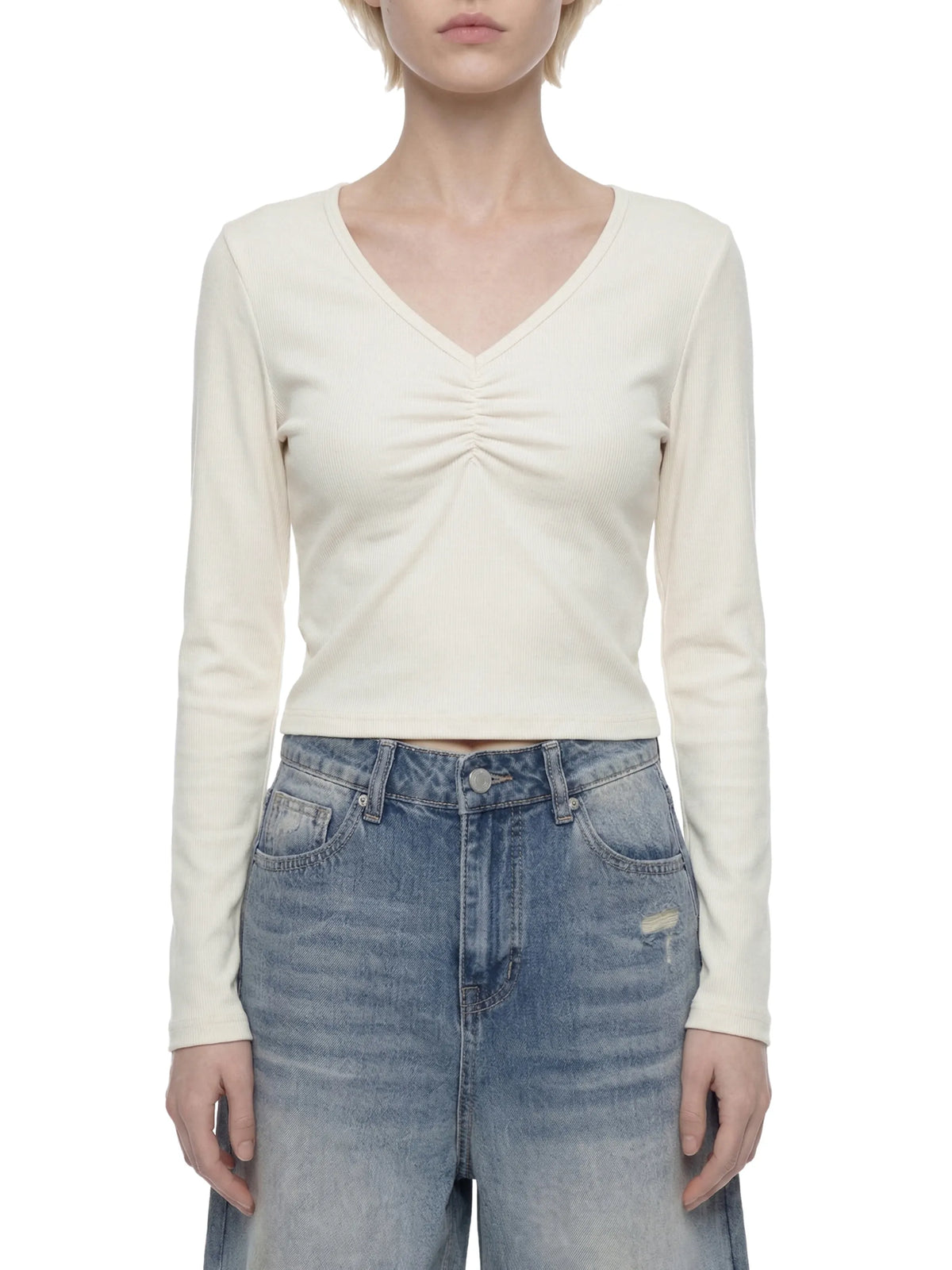 Ruched Long Sleeve Crop T-Shirt
