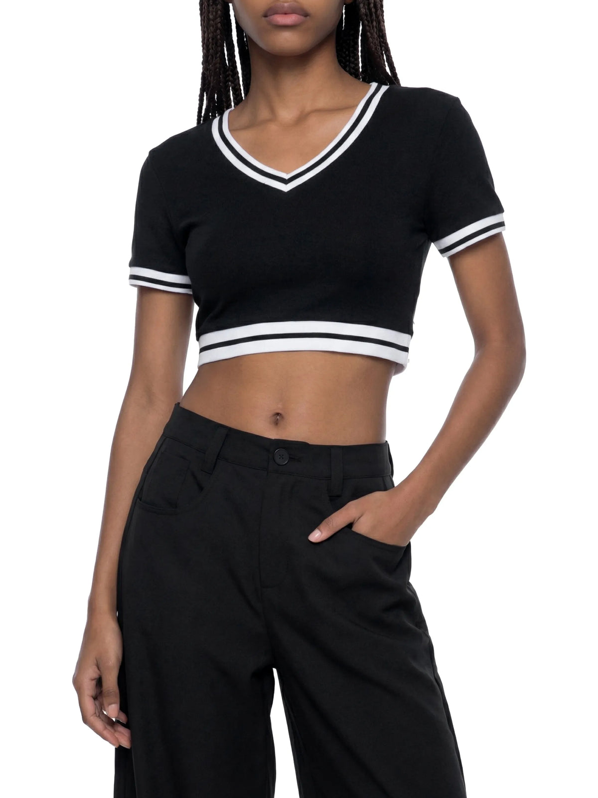 Color Block V-Neck Crop T-Shirt