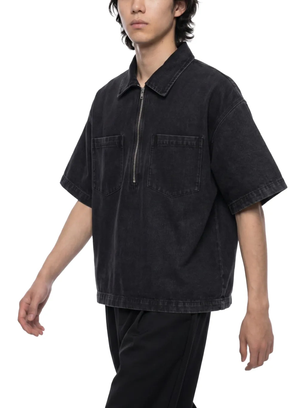 Vintage Wash Boxy Quarter-Zip Denim Shirt