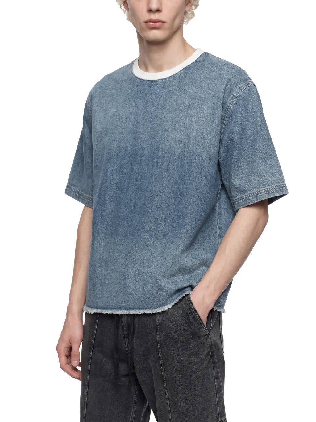 Vintage Wash Boxy Raw Hem Denim T-Shirt