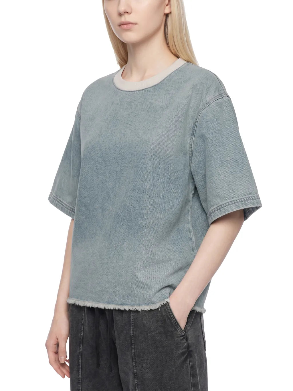 Vintage Wash Boxy Raw Hem Denim T-Shirt