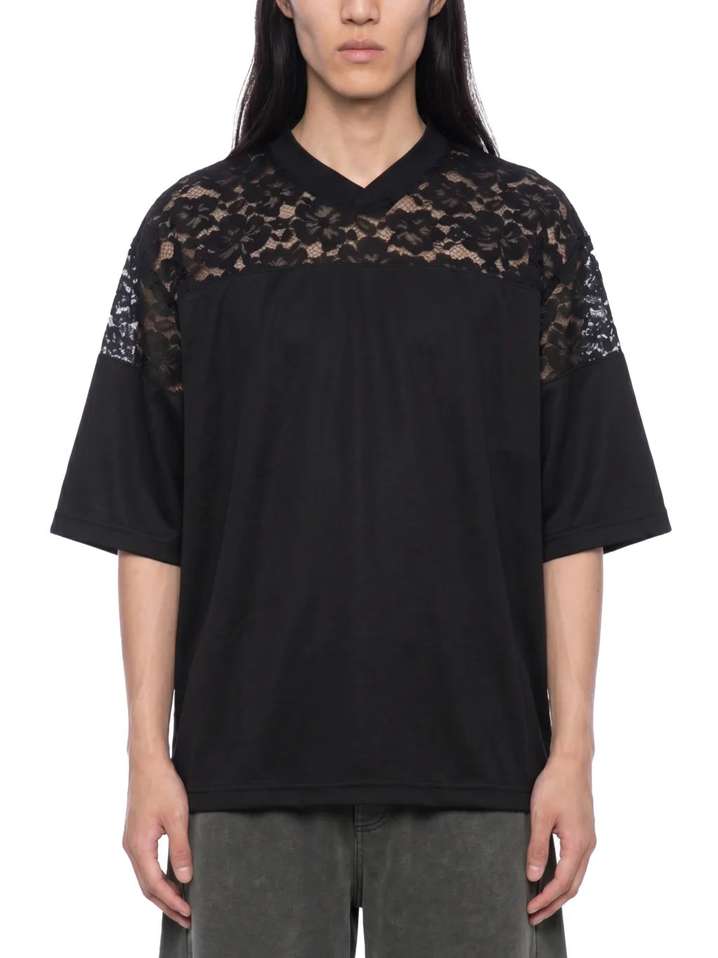 Lace Paneling V-Neck T-Shirt