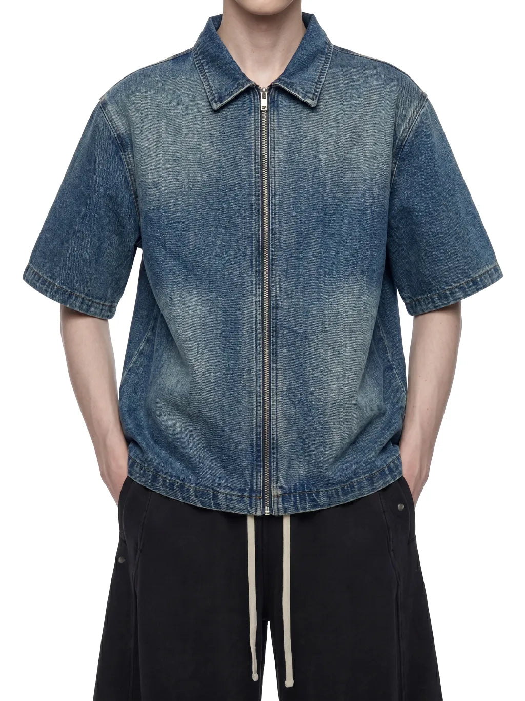 Vintage Washed Full-Zip Denim Shirt