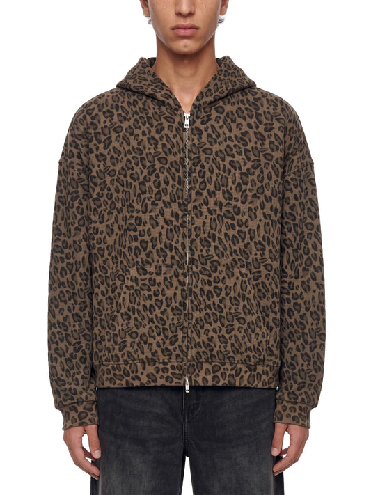 Leopard Print Waffle Full Zip Hoodie