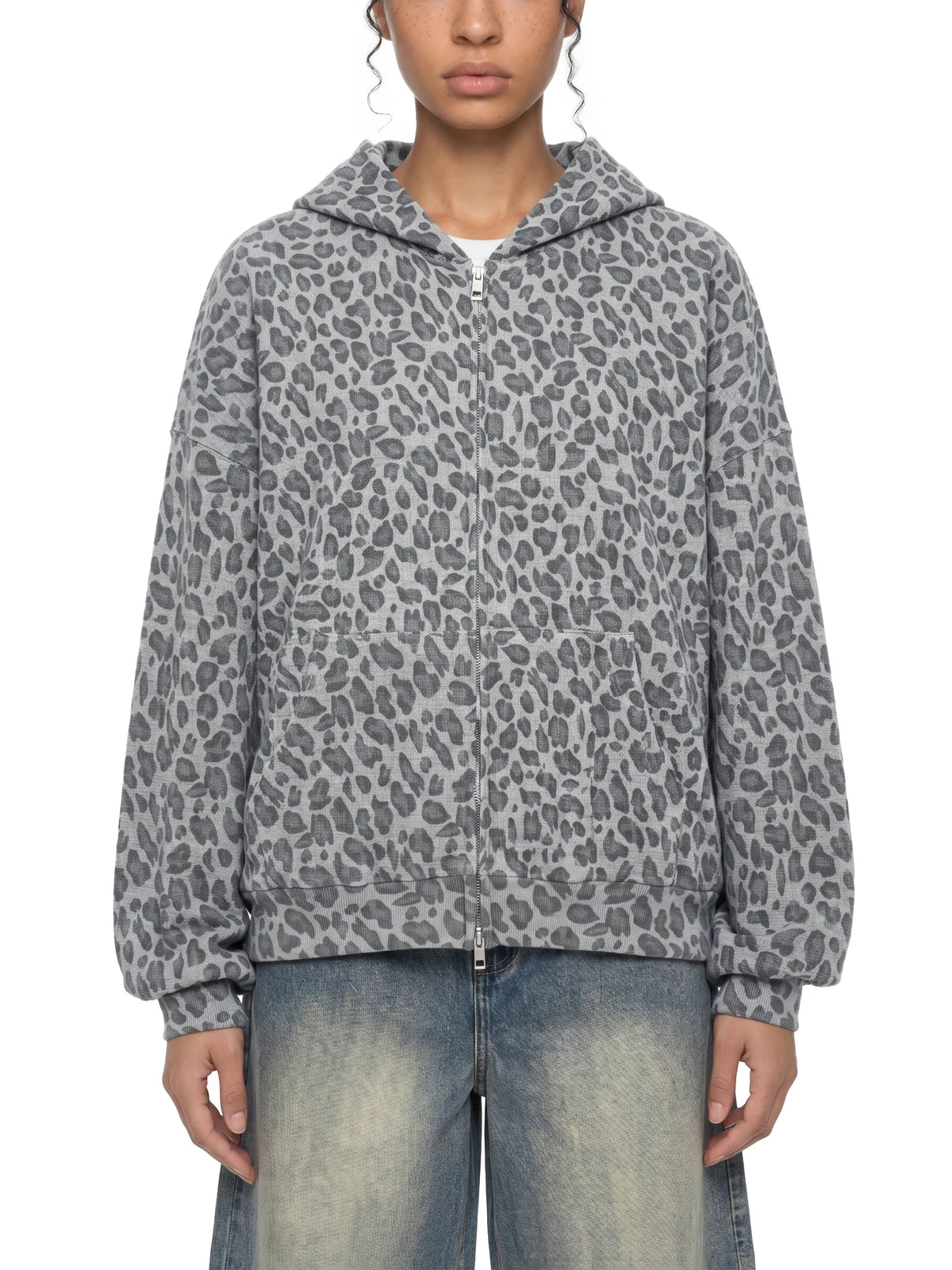 Leopard Print Waffle Full Zip Hoodie