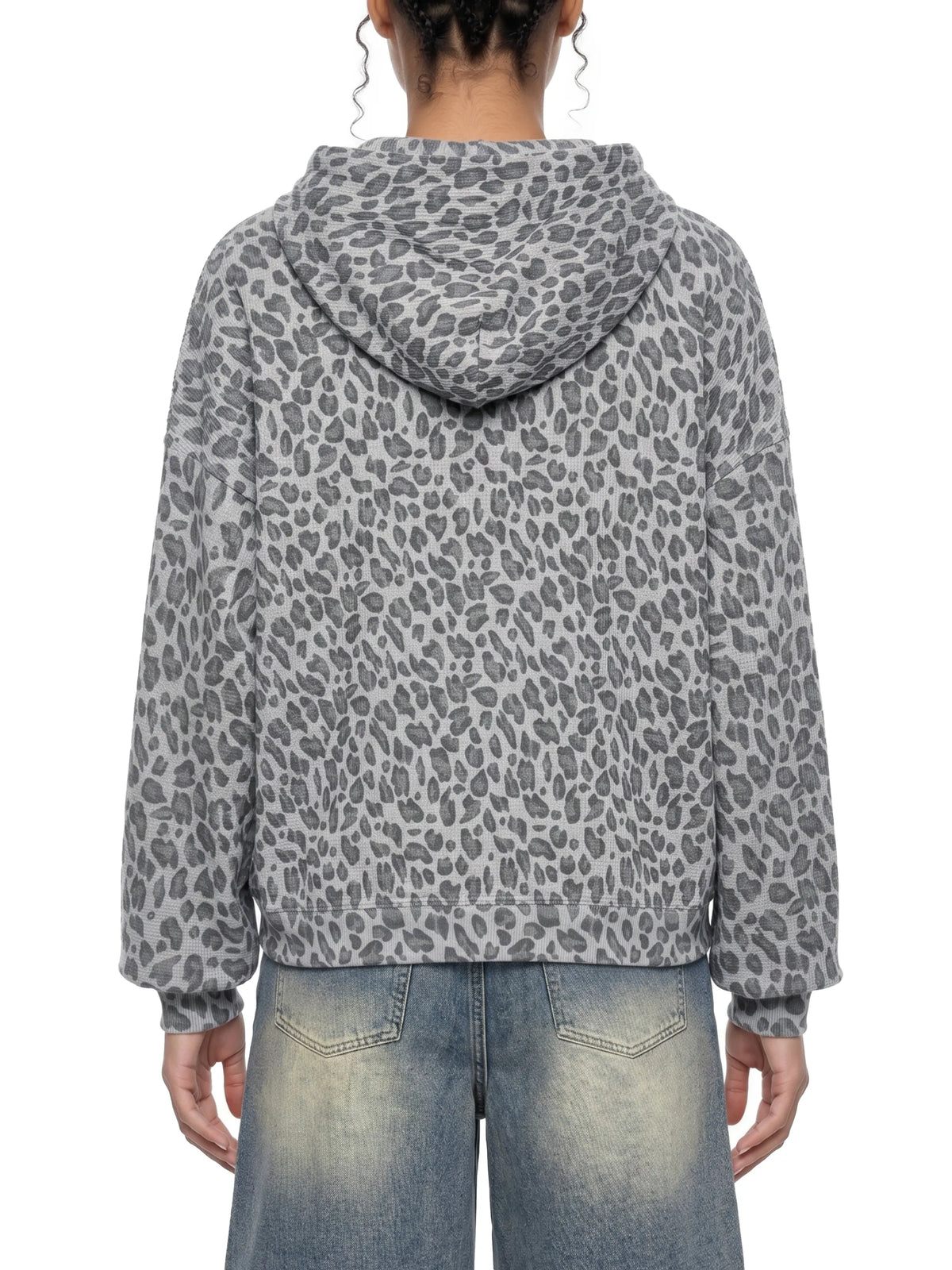 Leopard Print Waffle Full Zip Hoodie