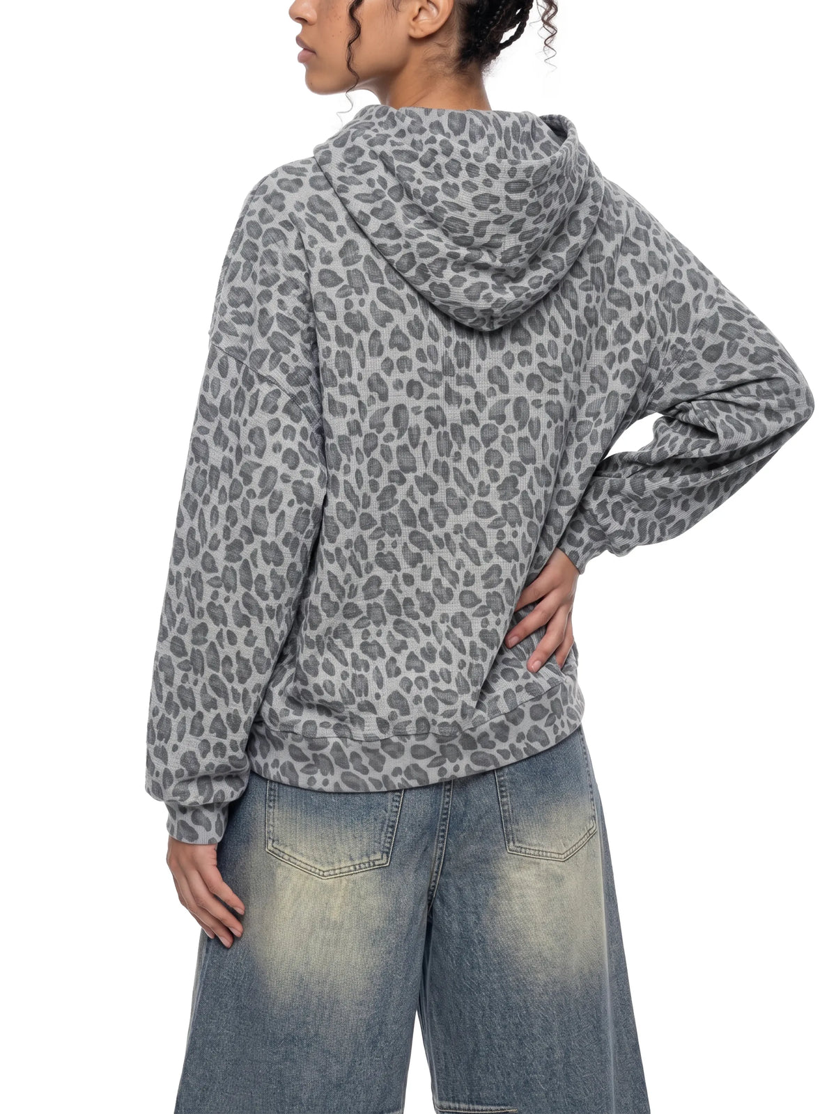 Leopard Print Waffle Full Zip Hoodie