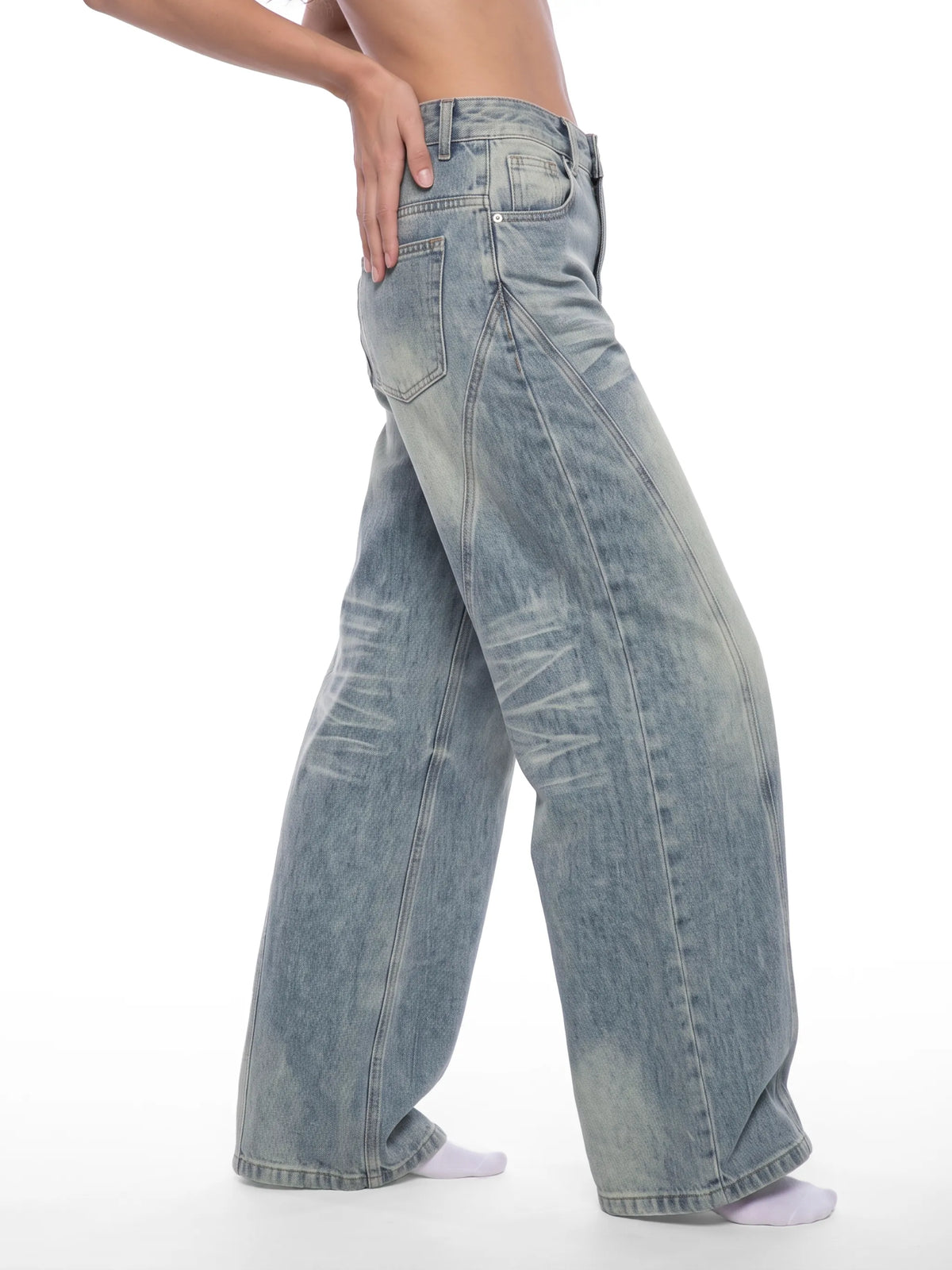Vintage Wash Wide Leg Denim Jeans