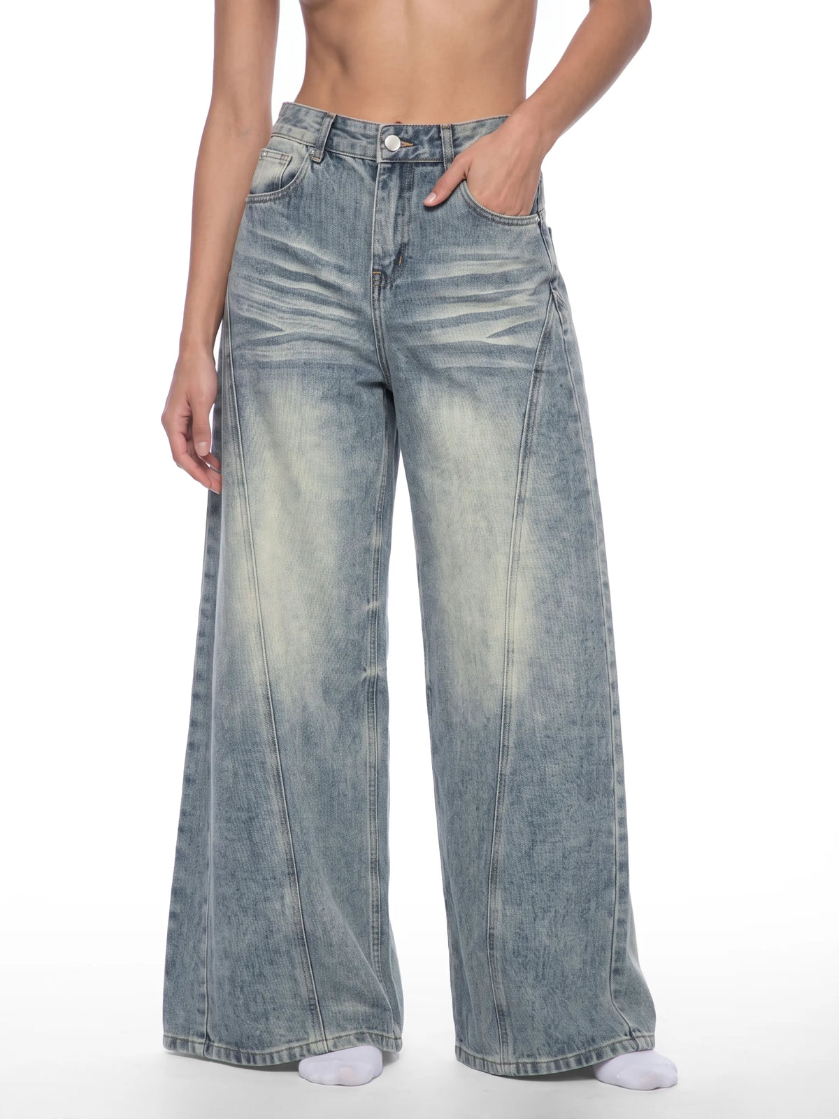 Vintage Wash Wide Leg Denim Jeans