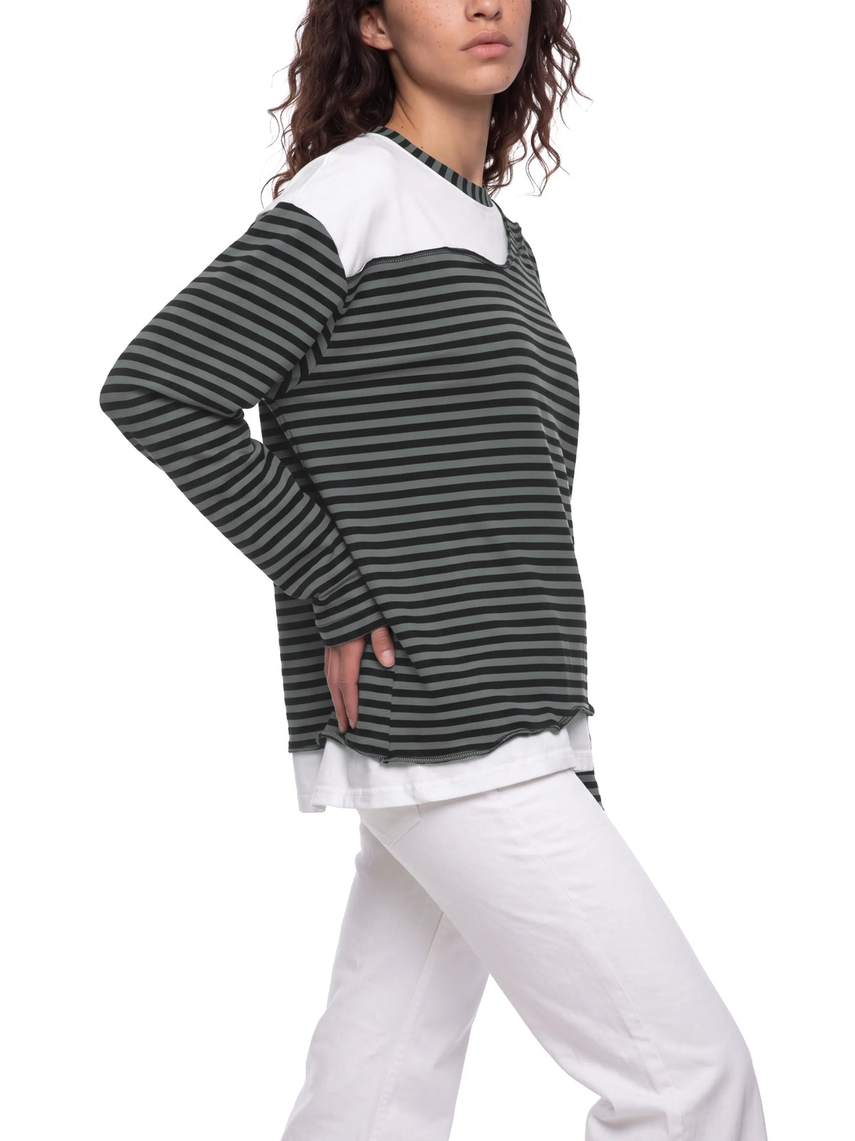 Striped Panel Boxy Long Sleeve T-Shirt
