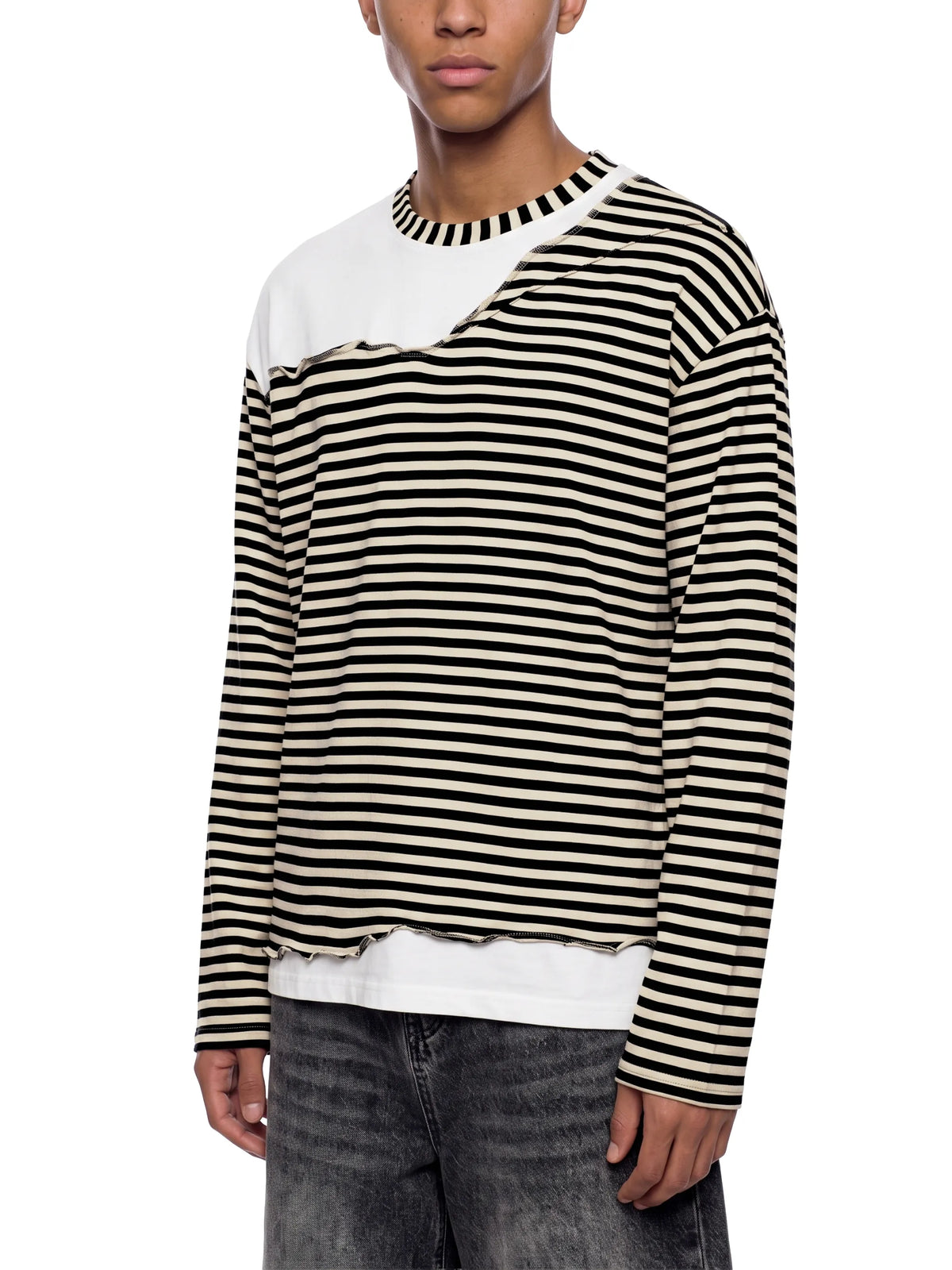 Striped Panel Boxy Long Sleeve T-Shirt