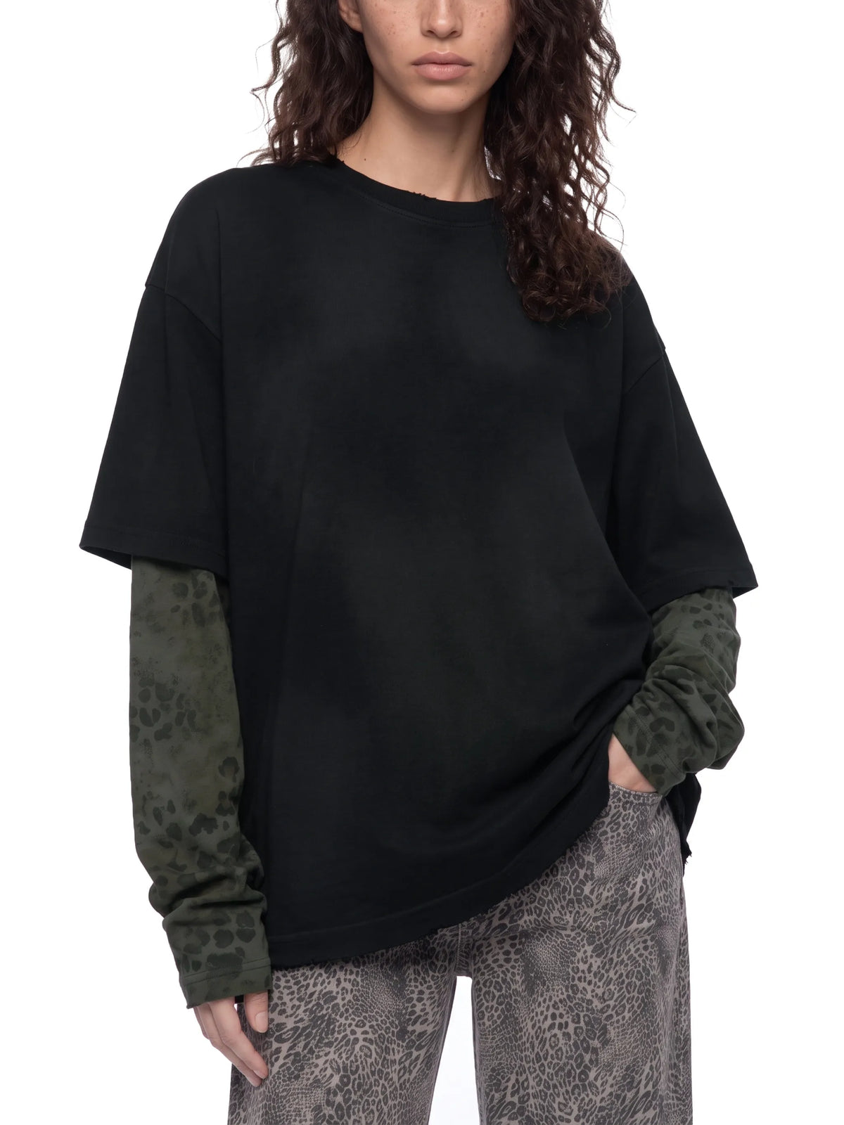 Vintage Wash Leopard Paneled Layer T-Shirt