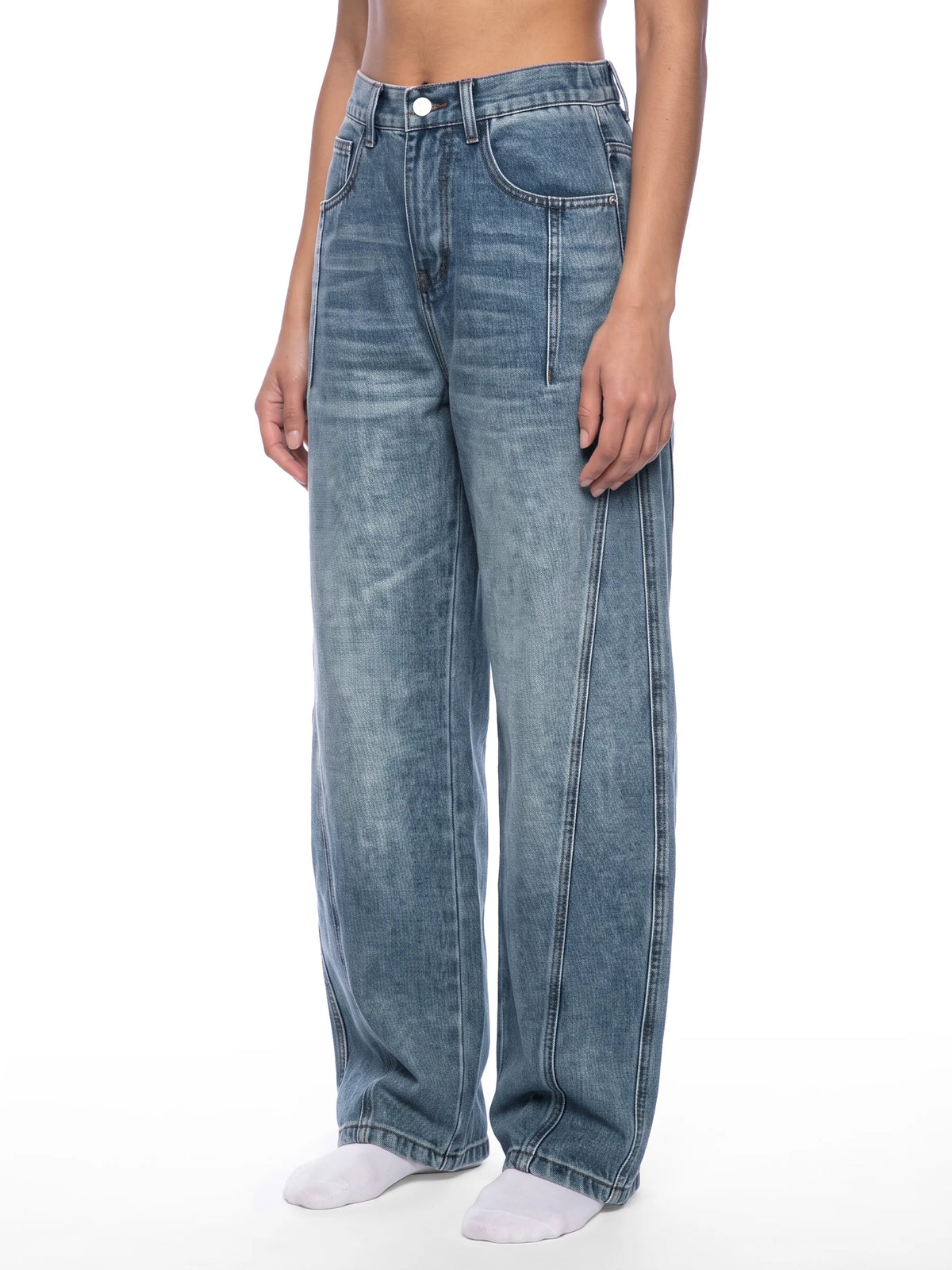 Vintage Wash Barrel Leg Denim Jeans