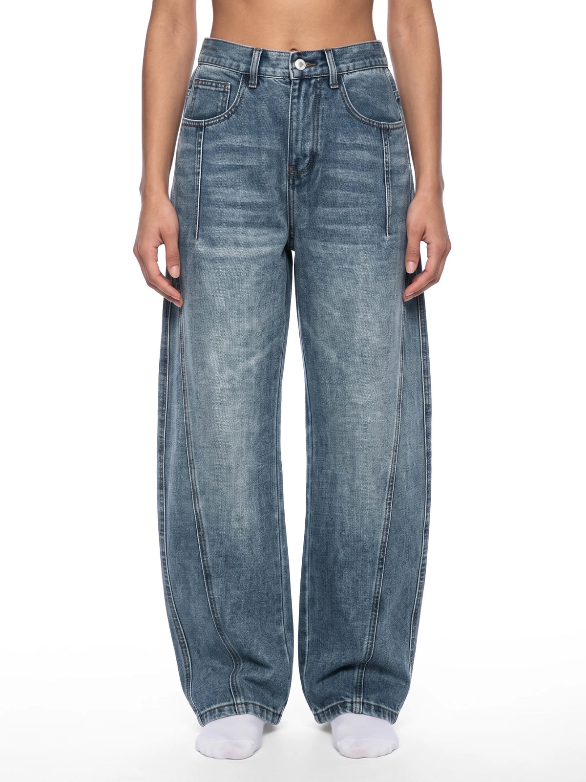 Vintage Wash Barrel Leg Denim Jeans